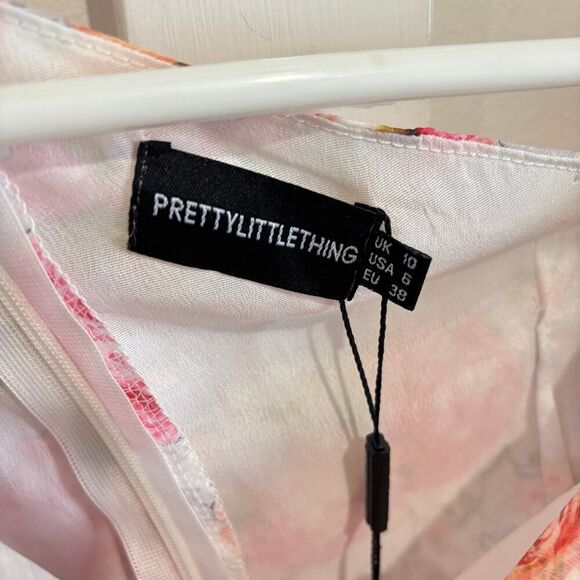 PrettyLittleThing One Shoulder Draped Chiffon Bodycon Dress Pink Floral Sz 6NWT - Picture 7 of 12